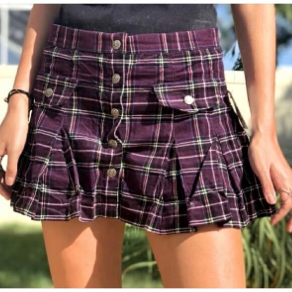 VTG Tripp NYC Y2K Purple Plaid Corduroy Mini Skirt Punk Grunge Goth Academia XL - Picture 1 of 14